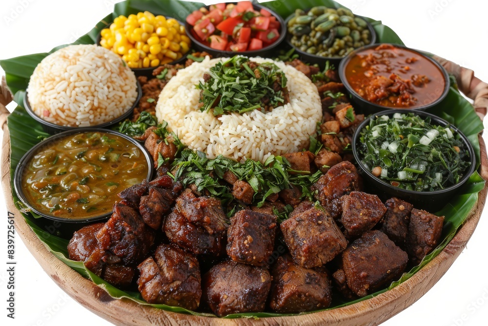 Vibrant Indian thali with rice, curry, vegetables, and meat, offering a colorful and flavorful meal Vibrant Indian thali with rice, curry, vegetables, and meat, offering a colorful and flavorful meal