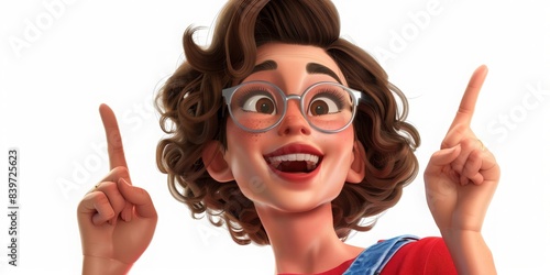 Excited cartoon woman with glasses pointing upwards, concept of enthusiasm, positivity, and expression.
 photo