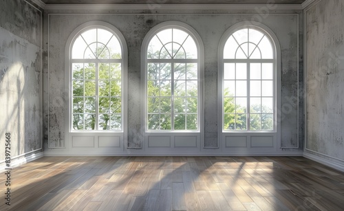 This is a classic empty room interior 3D rendering. The rooms have wooden floors and gray walls. The moldings are white, the windows look out onto nature.