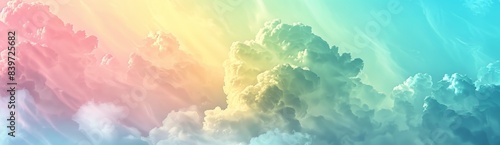 Aquarelle background featuring an abstract sunset sky with puffy clouds in pink, green, blue, yellow, and purple colors