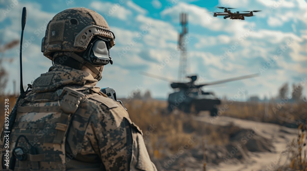 A soldier is watching a helicopter fly over a desert A soldier is watching a helicopter fly over a desert