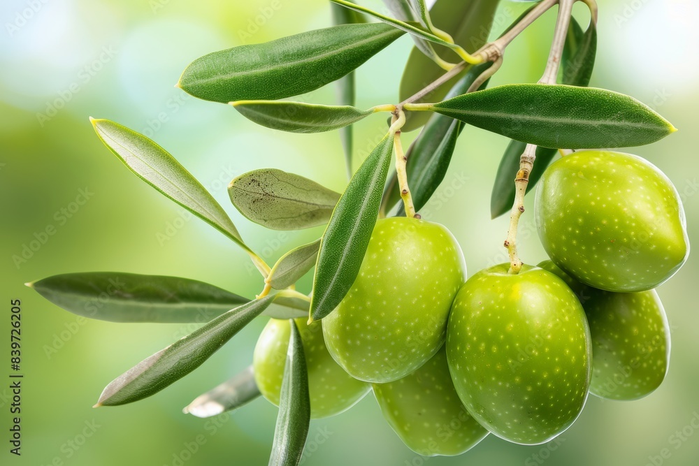 Ripe olives on branch with blurred background, providing ample space for text placement Ripe olives on branch with blurred background, providing ample space for text placement