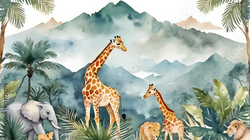 Safari Wildlife Wallpaper Mural, Tropical Animals, Giraffe, Lion, Elephant, Watercolor Illustration, Mountain background, palm leaves, Jungle, tropical illustration for nursery wallpaper Generative AI