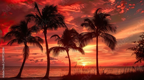 Imagine an iconic scene reminiscent of Scarface  where the vibrant backdrop of an orange sky sets the stage for a row of majestic palm trees. AI generated illustration