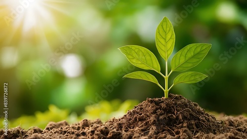 Sustainable development with a green plant growing from soil symbolizing eco-friendly growth and environmental stewardship

 photo