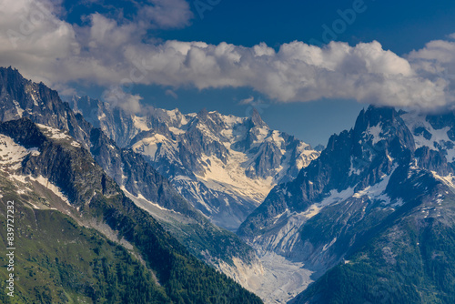 Tour du Montblanc beautiful mountain ladscapes of the Alps green valley, snow summit of Montblanc and rocky peaks of Aiguille du Midi in summer sunny weather blue sky, trekking and hiking in Chamonix