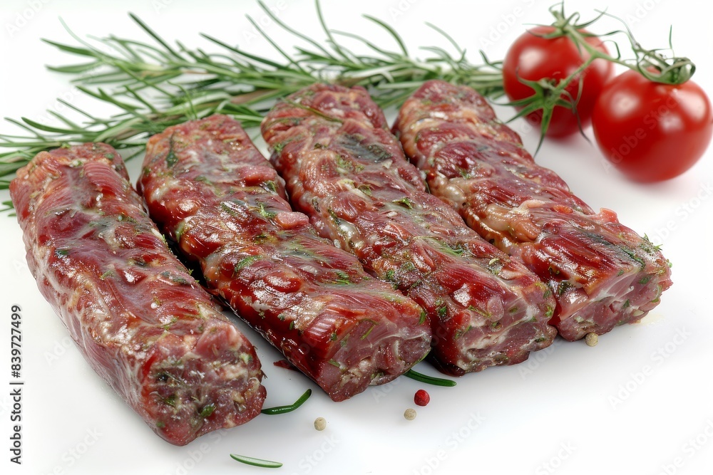 Raw meat steaks with rosemary and cherry tomatoes on a white background, perfect for grilling or cooking Raw meat steaks with rosemary and cherry tomatoes on a white background, perfect for grilling or cooking