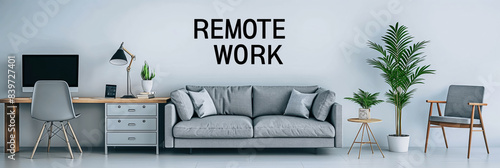 Create a modern remote work setup with a cozy sofa, green plants for a productive workspace