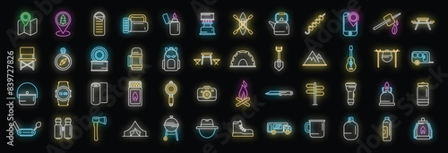 Campsite icons set outline vector. Activity campfire. Tent axe neon color on black