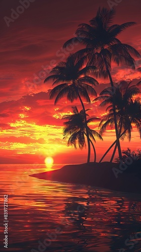 Imagine an iconic scene reminiscent of Scarface  where the vibrant backdrop of an orange sky sets the stage for a row of majestic palm trees. AI generated illustration