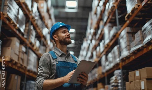 Warehouse Operations: Employee in Helmet Using Tablet for Inventory Management