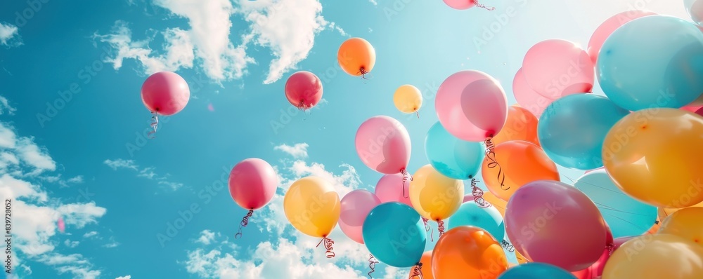 Fototapeta premium Festive Atmosphere: Multicolored Balloons Float in the Air, Perfect for Invitations