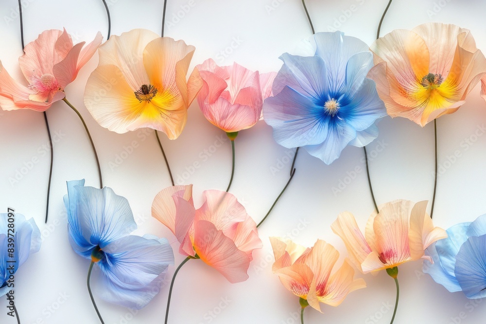 Obraz premium Cute, minimalistic pastel flowers in pink, blue, and yellow with long stems on a white background, forming an endless pattern. Perfect for fabric design and wallpaper. 