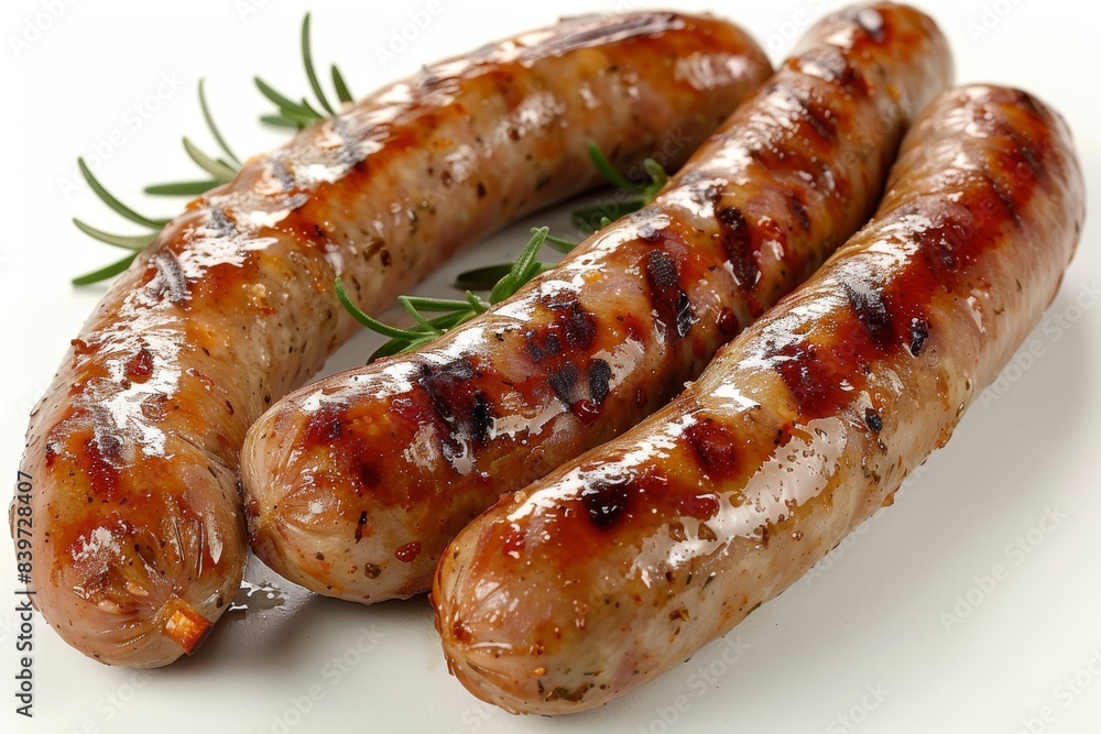 Grilled sausages with rosemary garnish on a white background, showcasing a savory and hearty barbecue dish Grilled sausages with rosemary garnish on a white background, showcasing a savory and hearty barbecue dish
