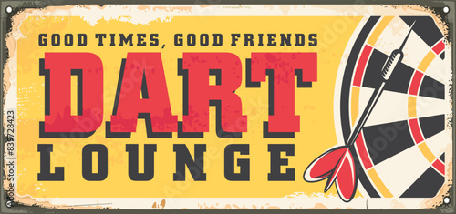 Dart lounge vintage tin sign design template. Dartboard and darts vector graphic illustration.