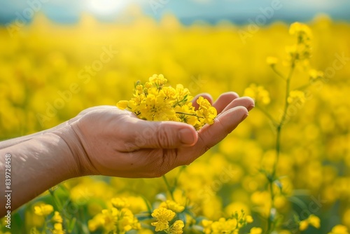 Hand holding canola flowers in field of oilseeds