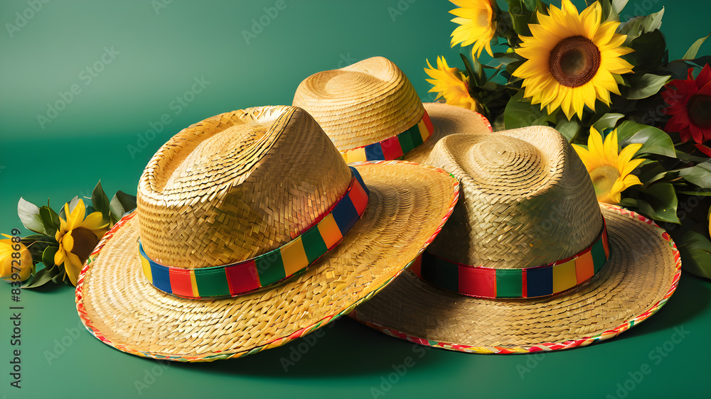 Traditional straw hat on multiple positions for decoration. Brazilian