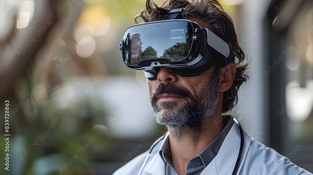 A physician working with an AI-enabled virtual reality headset for medical training or surgery planning, isolated on a white background A physician working with an AI-enabled virtual reality headset for medical training or surgery planning, isolated on a white background
