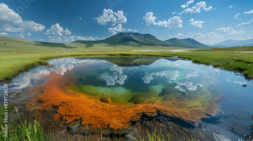 A vibrant nature mud volcano landscape with colorful mineral deposits around the mud