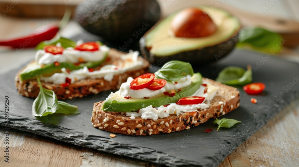 Healthy avocado toast with cream cheese and chili slices on a rustic slate plate. Fresh avocado halves in the background. Light and nutritious snack idea. Perfect for breakfast or brunch. AI Healthy avocado toast with cream cheese and chili slices on a rustic slate plate. Fresh avocado halves in the background. Light and nutritious snack idea. Perfect for breakfast or brunch. AI
