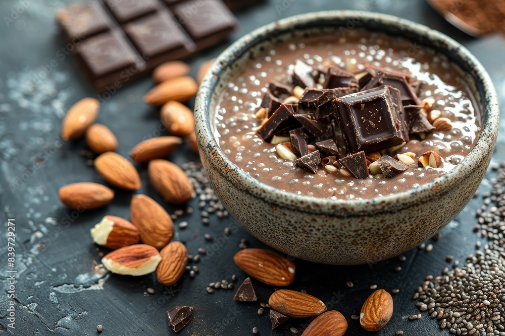 Healthy superfood chia pudding with cocoa chocolate nuts in almond milk Healthy superfood chia pudding with cocoa chocolate nuts in almond milk