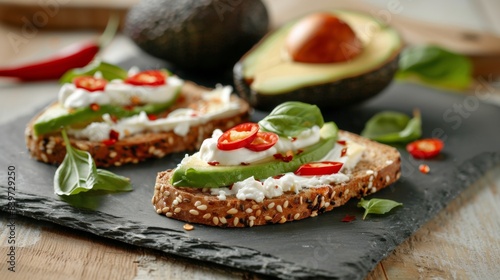 Healthy avocado toast with cream cheese and chili slices on a rustic slate plate. Fresh avocado halves in the background. Light and nutritious snack idea. Perfect for breakfast or brunch. AI