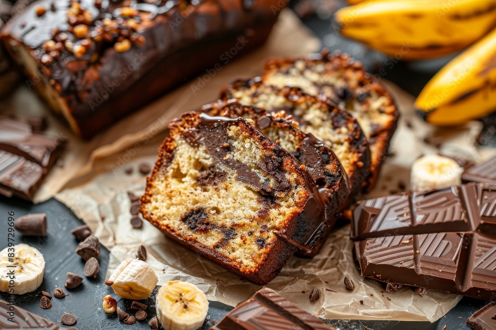 Homemade banana chocolate loaf with chocolate pieces on marble background top view Homemade banana chocolate loaf with chocolate pieces on marble background top view