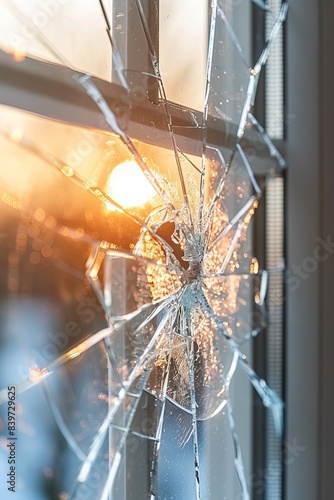 Close up of shattered office window glass, portraying vandalism or accidental damage concept