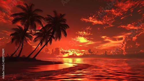 Imagine an iconic scene reminiscent of Scarface  where the vibrant backdrop of an orange sky sets the stage for a row of majestic palm trees. AI generated illustration