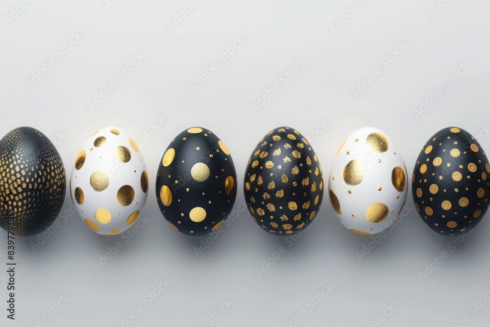 easter eggs lying in a row with black and gold decor against a plain background easter eggs lying in a row with black and gold decor against a plain background