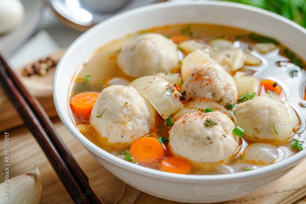 Homemade white mushroom and carrot fishball soup in white bowl delicious and healthy Homemade white mushroom and carrot fishball soup in white bowl delicious and healthy