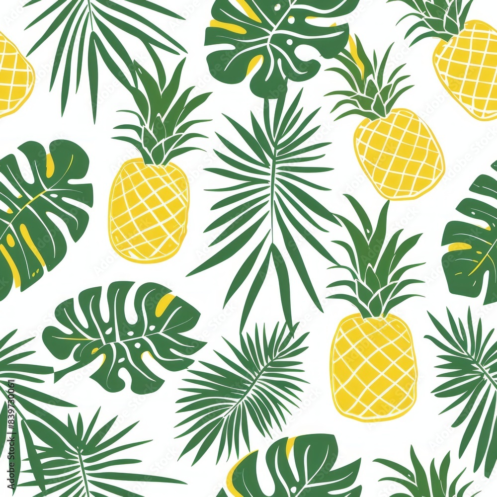 Tropical pattern with pineapples and palm leaves, yellow and green on a white background Tropical pattern with pineapples and palm leaves, yellow and green on a white background