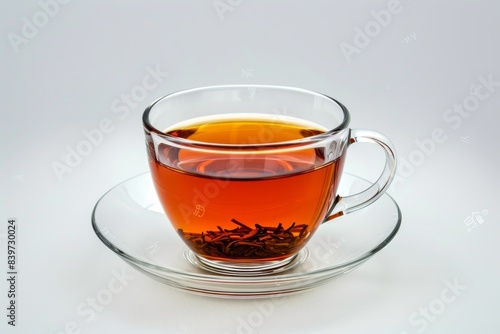 Hot aromatic tea in glass cup on white surface