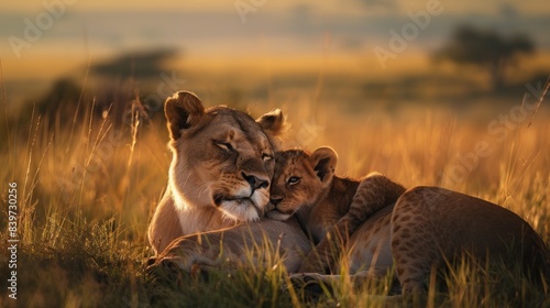The lion and his cub are sleeping on the savanna