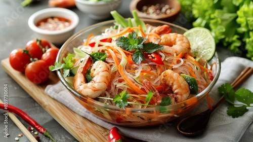 A bowl of spicy Thai glass noodle salad with shrimp, fresh herbs, and vegetables, served with a tangy dressing photo