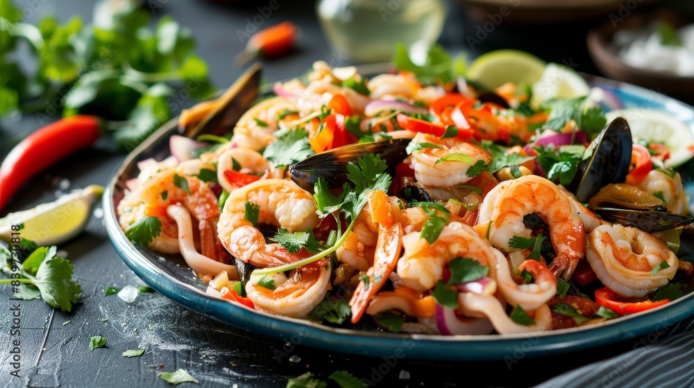 A colorful plate of Thai mixed seafood salad with shrimp, squid, and mussels, garnished with fresh herbs and a spicy lime dressing A colorful plate of Thai mixed seafood salad with shrimp, squid, and mussels, garnished with fresh herbs and a spicy lime dressing