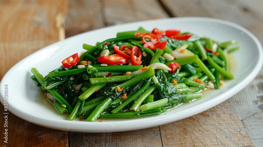 A dish of Thai stir-fried morning glory (Pak Boong Fai Daeng) with garlic and chilies, served on a white plate A dish of Thai stir-fried morning glory (Pak Boong Fai Daeng) with garlic and chilies, served on a white plate