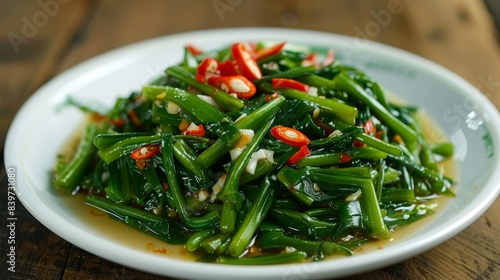 A dish of Thai stir-fried morning glory (Pak Boong Fai Daeng) with garlic and chilies, served on a white plate