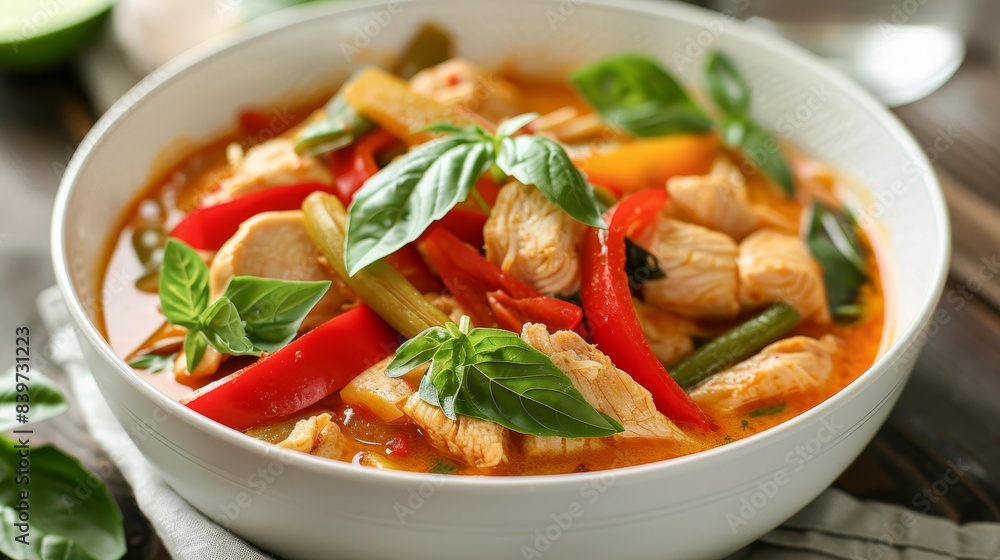 A serving of Thai red curry with chicken, bamboo shoots, and bell peppers, topped with fresh basil leaves, served in a white bowl A serving of Thai red curry with chicken, bamboo shoots, and bell peppers, topped with fresh basil leaves, served in a white bowl