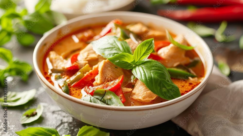 A serving of Thai red curry with chicken, bamboo shoots, and bell peppers, topped with fresh basil leaves, served in a white bowl A serving of Thai red curry with chicken, bamboo shoots, and bell peppers, topped with fresh basil leaves, served in a white bowl