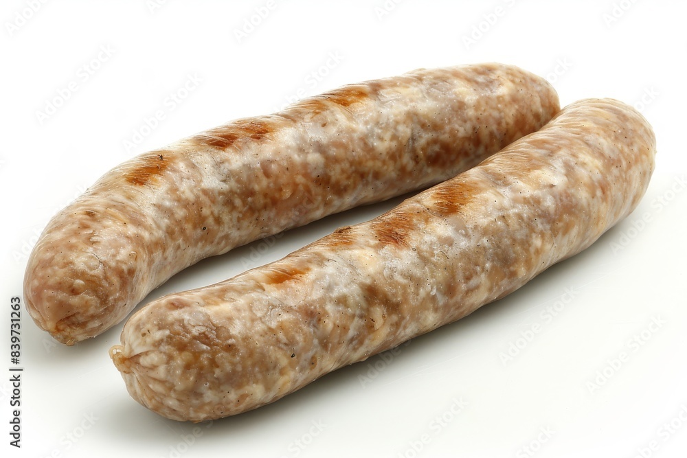 Rustic grilled sausages on a white background, showcasing a savory and hearty barbecue dish Rustic grilled sausages on a white background, showcasing a savory and hearty barbecue dish