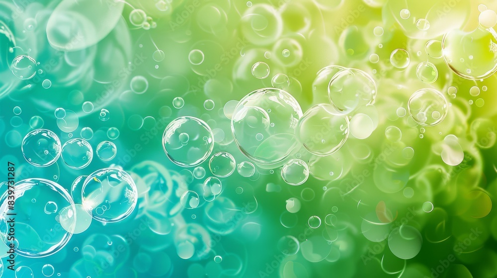 A macro shot featuring a cluster of shining soap bubbles against a green and blue bokeh background