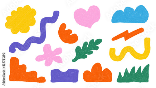 Abstract doodle objects and hand-drawn shapes. Scribble crayon playful naive vector set shapes—doodle charcoal geometric collage irregular organic shapes, heart, flower, cloud, grass, and texture.