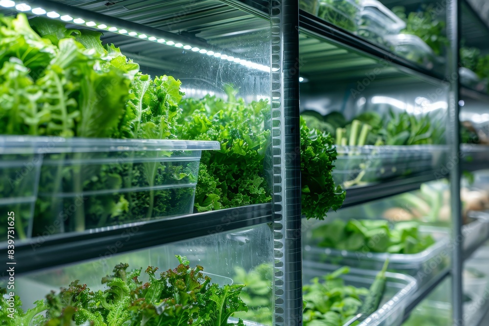 Fototapeta premium Indoor greenhouse with high tech features grows vegetables and salad under artificial light on aluminum shelves