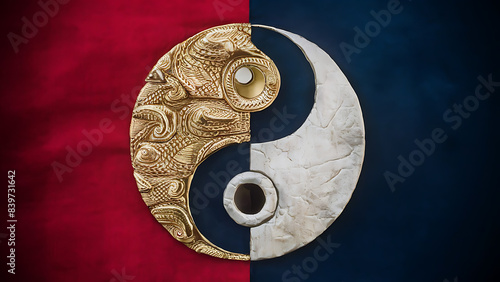 A striking balance of duality in a simple yet profound image. At the center, a perfectly formed yin-yang symbol with the darker  photo