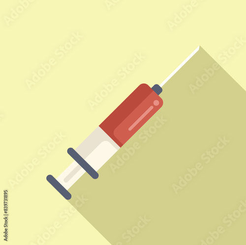 Medical syringe injection tool for healthcare workers in hospitals and clinics for administering vaccines and medicine to prevent and cure diseases. With a flat style vector illustration on a red