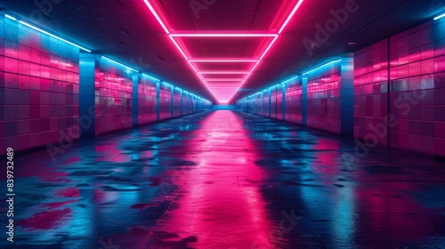 A vibrant, neon-lit corridor in pink and blue, showcasing a modern, futuristic design aesthetic