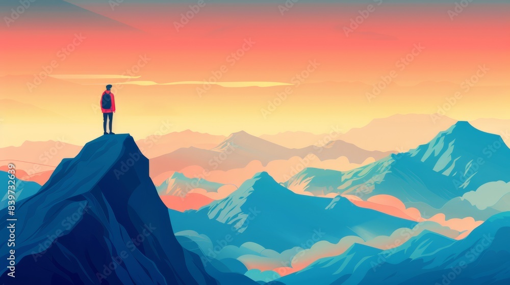 A leader standing atop a mountain at sunrise, generated with AI A leader standing atop a mountain at sunrise, generated with AI