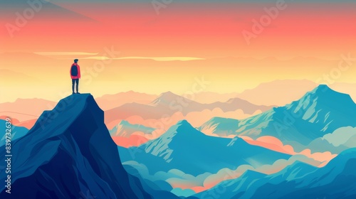 A leader standing atop a mountain at sunrise, generated with AI © sch_ai