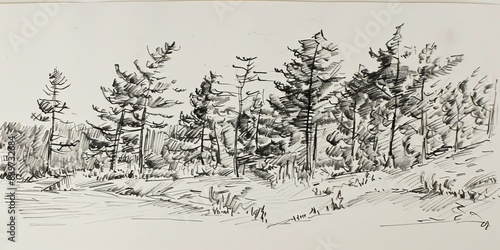A messy handdrawn ballpoint sketch of pine trees near a lake in Maine, generated with AI